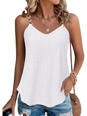 Women's White Tank Tops Eyelet Sleeveless Spaghetti Strap Sexy Loose Fit Summer
